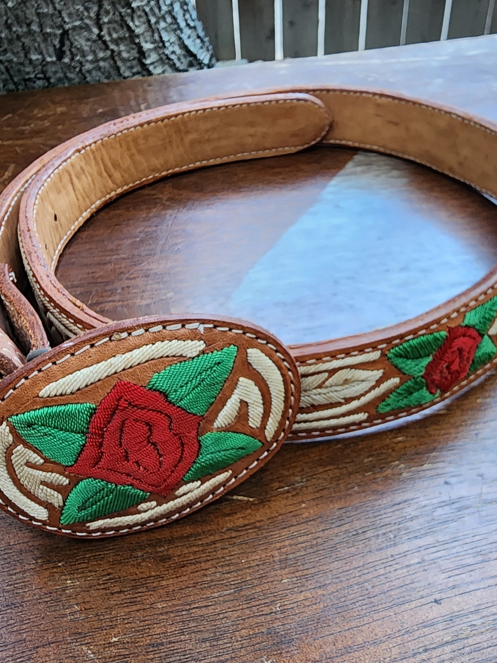 Vintage Mexican Piteado Leather Belt Embroidered Floral Rose Buckle Size 32 34